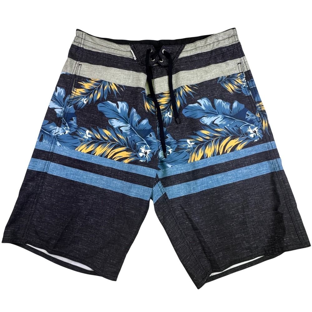Palmwave Mens Board Shorts Size 36 Tropical Floral Blue Black Swim Trunks